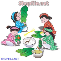 Vector cả nhà gói bánh tét cùng nhau