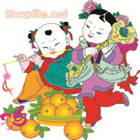 Vector kim đồng ngọc nữ và mâm trái cây