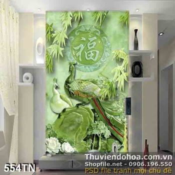 Tranh giả ngọc chim công và tre