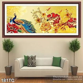 Tranh chim công và hoa mẫu đơn mạ vàng đẹp mắt