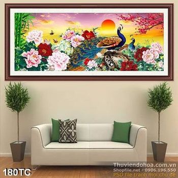 Tranh chim công khổ ngang đứng trên hòn đá 3d