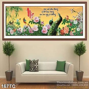 Tranh chim công mẹ khổ ngang psd