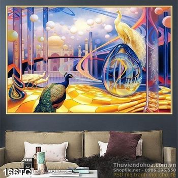 Tranh chim công 3d nghệ thuật và lâu đài