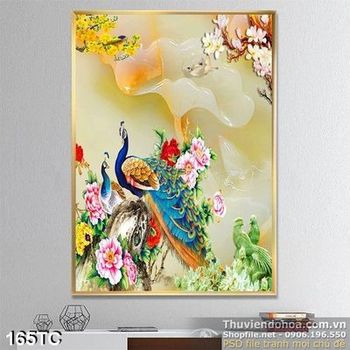 Tranh chim công đứng trên hòn đá và lá hoa sen giả ngọc