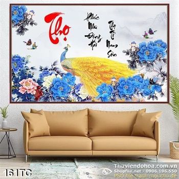 Tranh chim công chữ thọ và bộ lông vàng psd