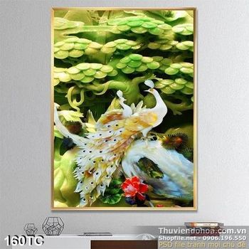 Tranh chim công và cây tùng màu xanh đẹp