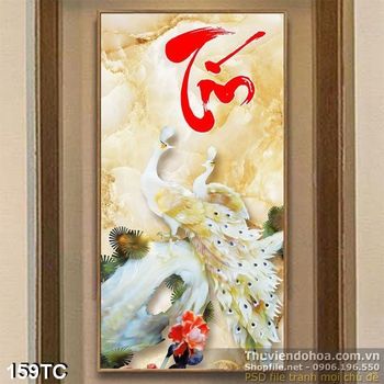 Tranh chim công 3d giả ngọc chữ tín