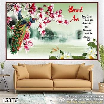 Tranh chim công bình an in uv khổ psd