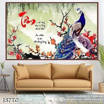 Tranh chim công chữ tâm 3d đứng trên cành hoa đào