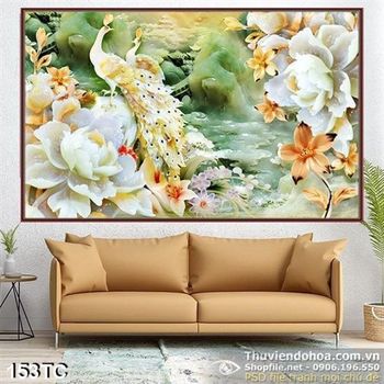 Tranh chim công hoa mẫu đơn giả ngọc 3d