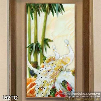 Tranh chim công 3d giả ngọc và cây tre khổ dọc in uv