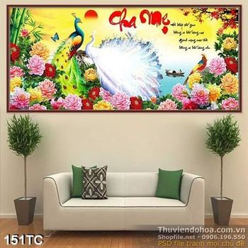 Tranh chim công màu trắng chữ cha mẹ 3d