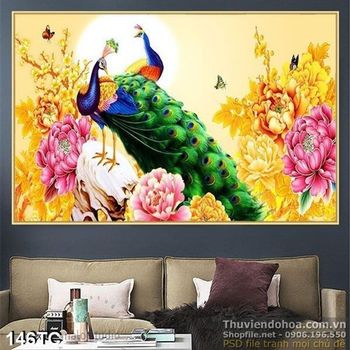 Tranh chim công chim công và bông hoa in uv