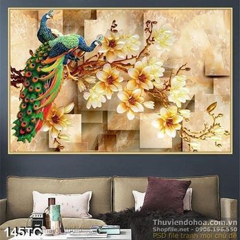 Tranh chim công 3d đậu trên cành cây đẹp ấn tượng