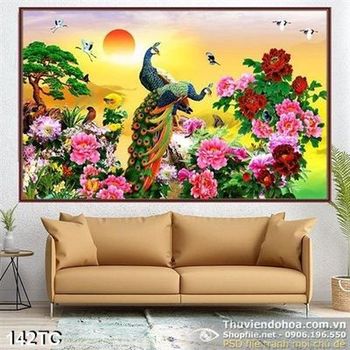 Tranh chim công và vườn hoa mẫu đơn wall