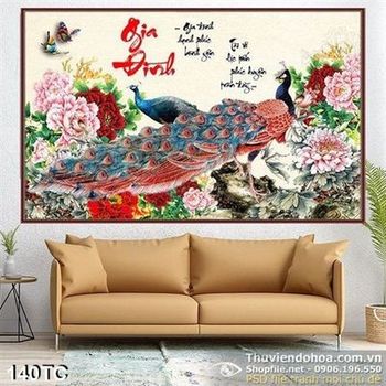 Tranh chim công gia đình khổ ngang 3d in uv