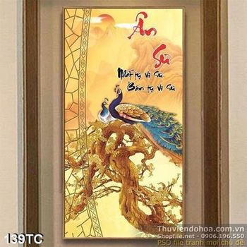 Tranh chim công ân sư và cây gỗ cổ thụ 3d