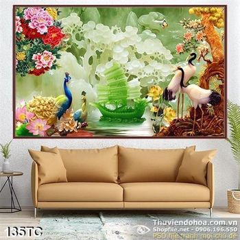 Tranh chim công 3d giả ngọc và con thuyền psd