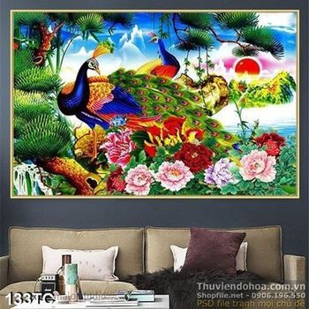 Tranh chim công sơn dầu cảnh mặt trời mọc