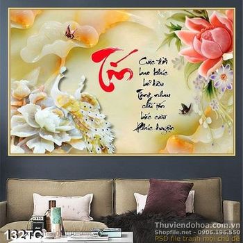 Tranh chim công chữ tín và hoa sen giả ngọc 3d