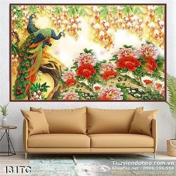 Tranh chim công và hoa mẫu đơn
