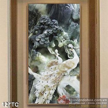 Tranh chim công giả ngọc 3d và cái cây lớn psd