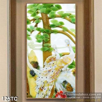 Tranh chim công cây tùng giả ngọc đẹp