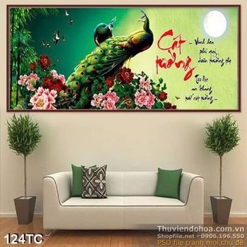 Tranh chim công cát tường in uv dưới ánh trăng
