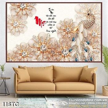 Tranh chim công chữ mẹ và hoa kim cương 3d lụa đẹp