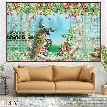 Tranh chim công bên khung cửa sổ 3d