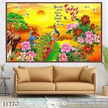 Tranh chim công trường thọ và hoa mẫu đơn wall