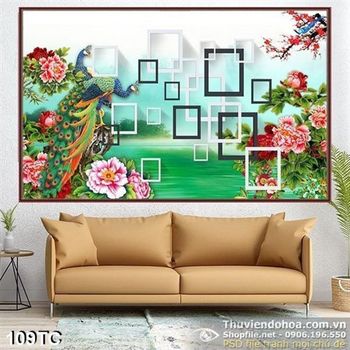 Tranh chim công  3d đẹp cảnh non nước ấn tượng in uv