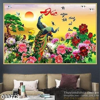 Tranh chim công chữ đức và hoa mẫu đơn