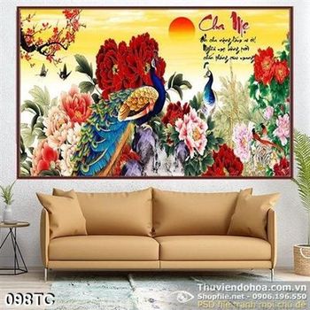 Tranh chim công cha mẹ đẹp wall 3d