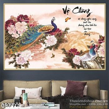 Tranh chim công vợ chồng sơn dầu nghệ thuật psd