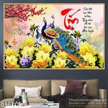 Tranh chim công chữ tín và hoa mẫu đơn vàng
