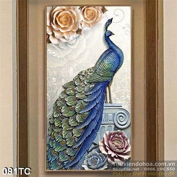Tranh chim công phù điều nghệ thuật in uv 3d