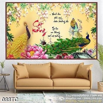 Tranh chim công cát tường màu vàng đẹp 3d