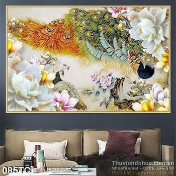 Tranh chim công sơn dầu khoe bộ lông đẹp 3d in uv