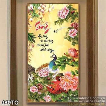 Tranh chim công và hoa mẫu đơn wall in psd