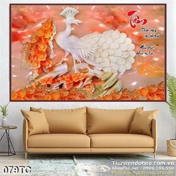 Tranh chim công 3d màu trắng giả ngọc ấn tượng