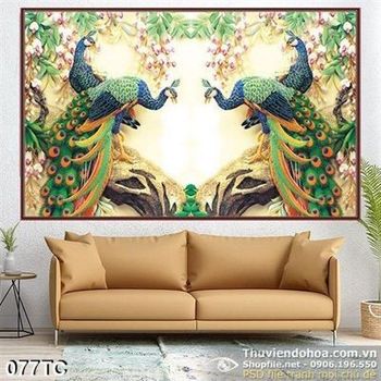 Tranh chim công đậu trên gốc cây già in uv