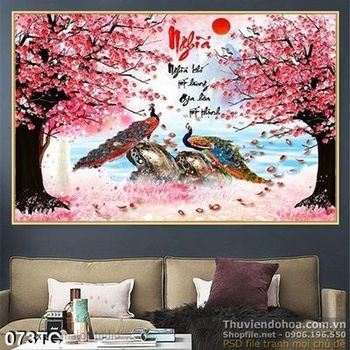Tranh chim công cà cây hoa đào nở rộ đẹp in uv
