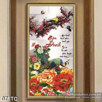 Tranh chim công đậu trên hoa mẫu đơn 3d đẹp