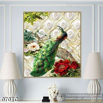 Tranh chim công cô đơn đứng 1 mình đẹp