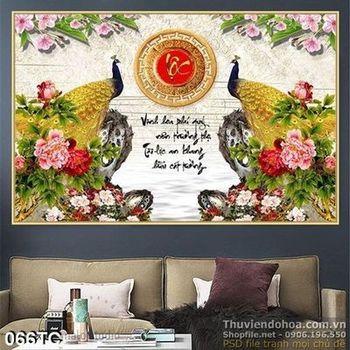 Tranh chim công và chữ lộc năm mới đẹp ấn tượng