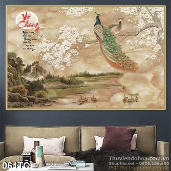 Tranh chim công đậu trên cành hòa đào trắng in uv file lớn