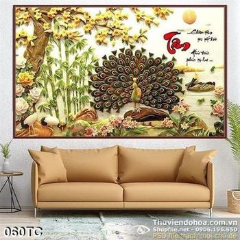 Tranh chim công giả ngọc chữ tâm thư pháp 3d ấn tượng