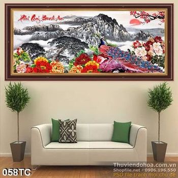 Tranh chim công và ngọn núi lớn in uv