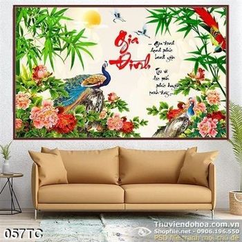Tranh chim công gia đình và cây tre